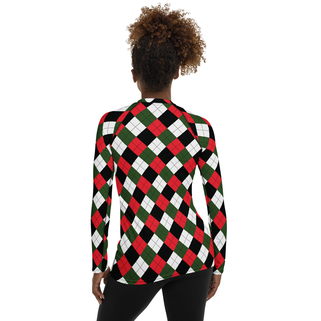 Women's Christmas Argyle Long Sleeve Rash Guard Swim Shirt – Buttery Soft, Sun Safe UPF 50+ Protection, Quick Dry & 4-Way Stretch Comfort