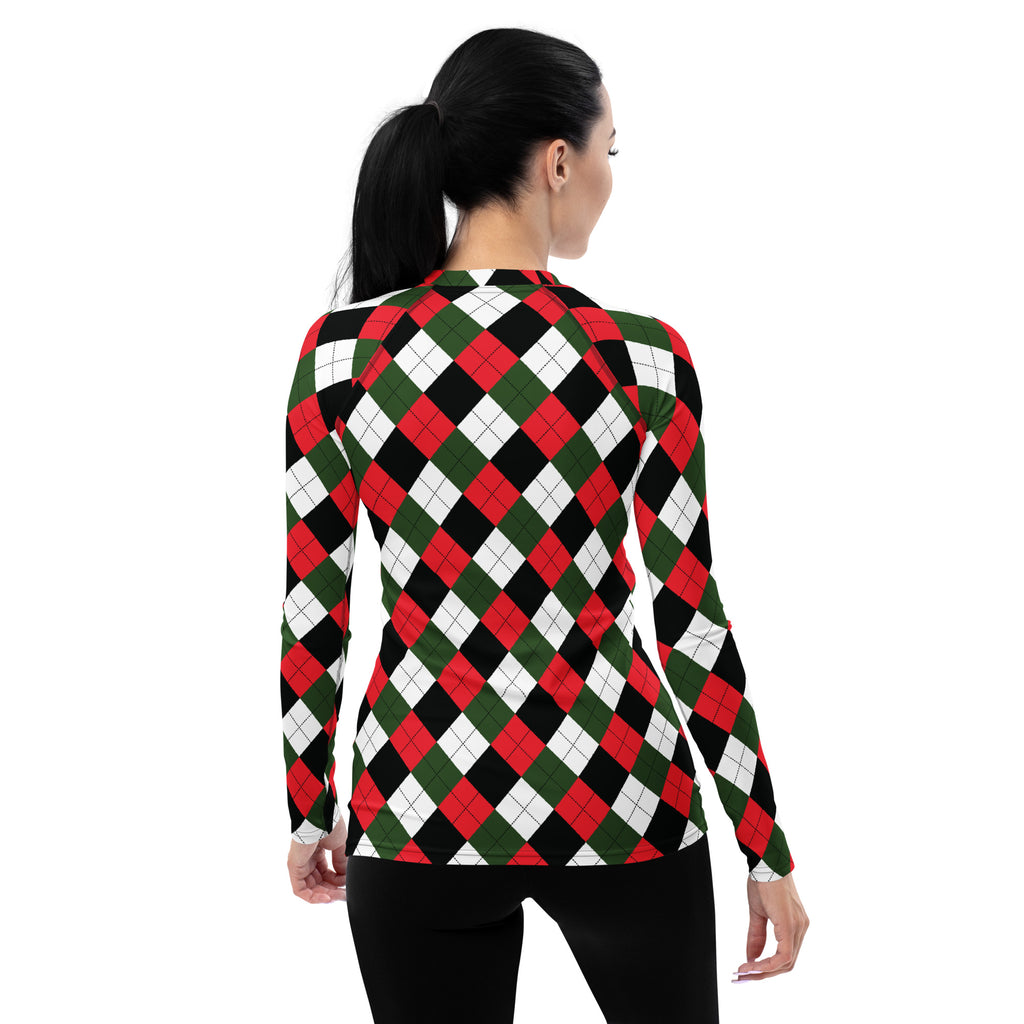 Women's Christmas Argyle Long Sleeve Rash Guard Swim Shirt – Buttery Soft, Sun Safe UPF 50+ Protection, Quick Dry & 4-Way Stretch Comfort