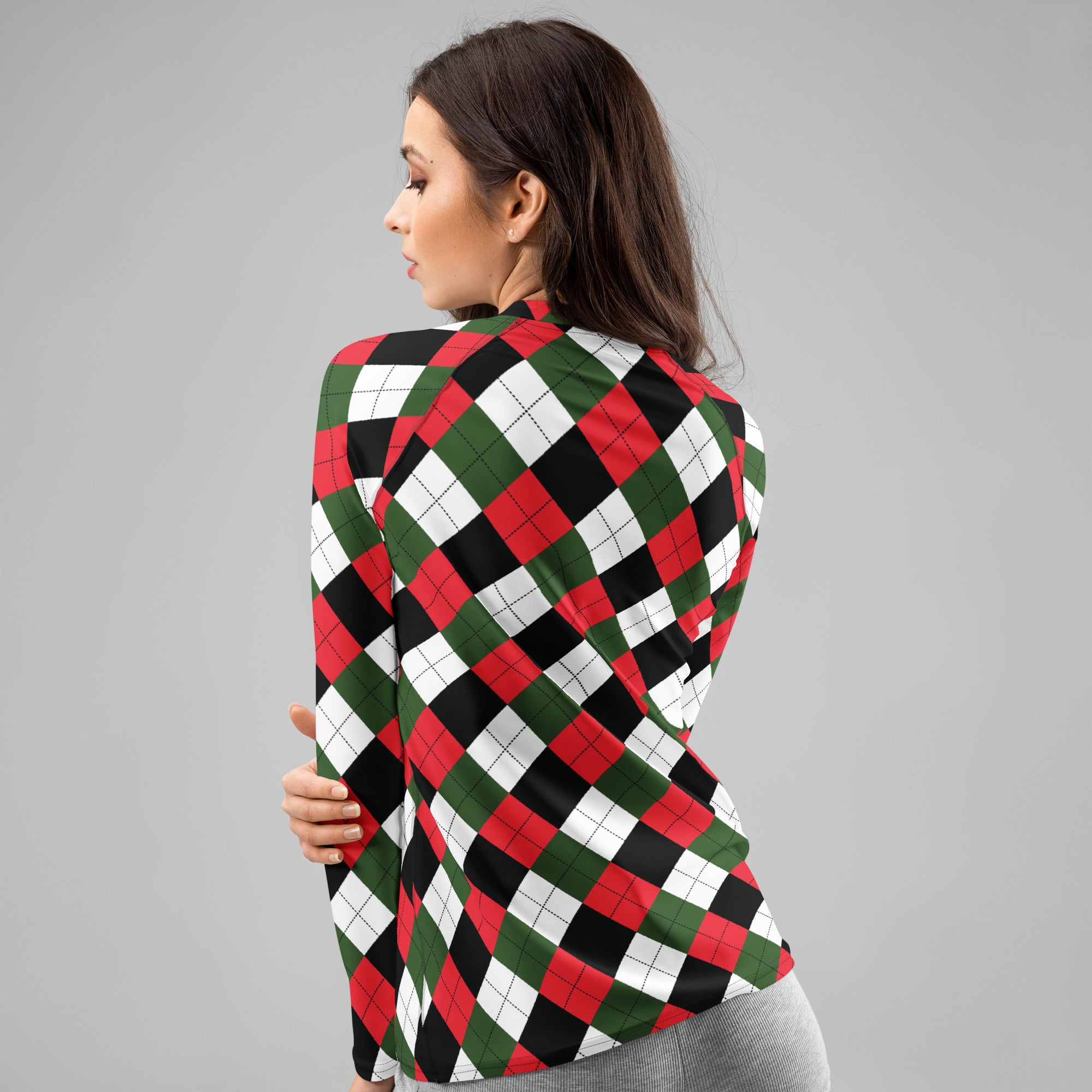 Women's Christmas Argyle Long Sleeve Rash Guard Swim Shirt – Buttery Soft, Sun Safe UPF 50+ Protection, Quick Dry & 4-Way Stretch Comfort