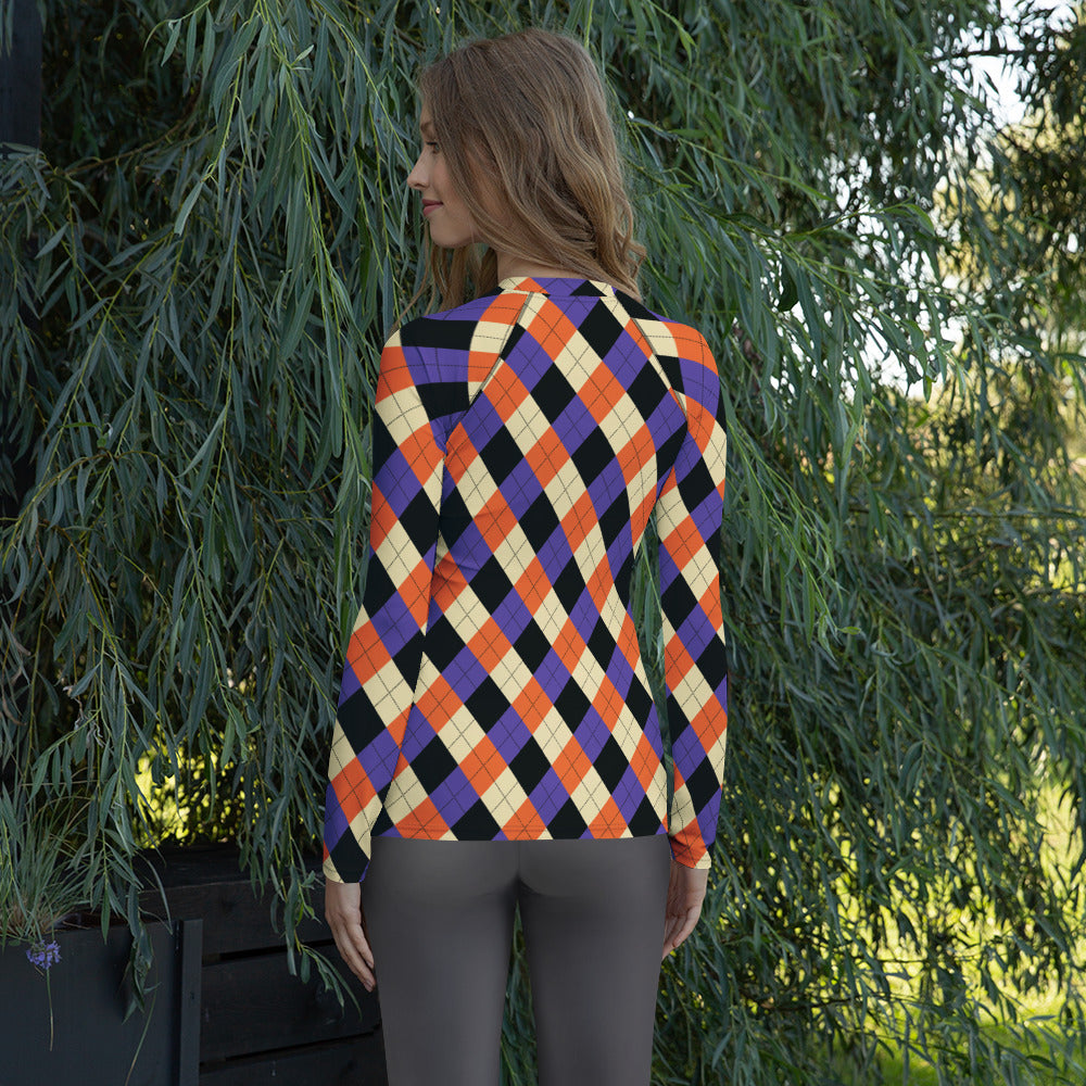 Women's Halloween Argyle Long Sleeve Rash Guard Swim Shirt – Buttery Soft, Sun Safe UPF 50+ Protection, Quick Dry & 4-Way Stretch Comfort