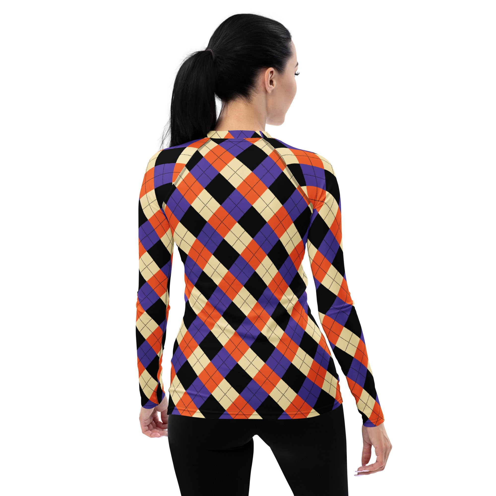 Women's Halloween Argyle Long Sleeve Rash Guard Swim Shirt – Buttery Soft, Sun Safe UPF 50+ Protection, Quick Dry & 4-Way Stretch Comfort