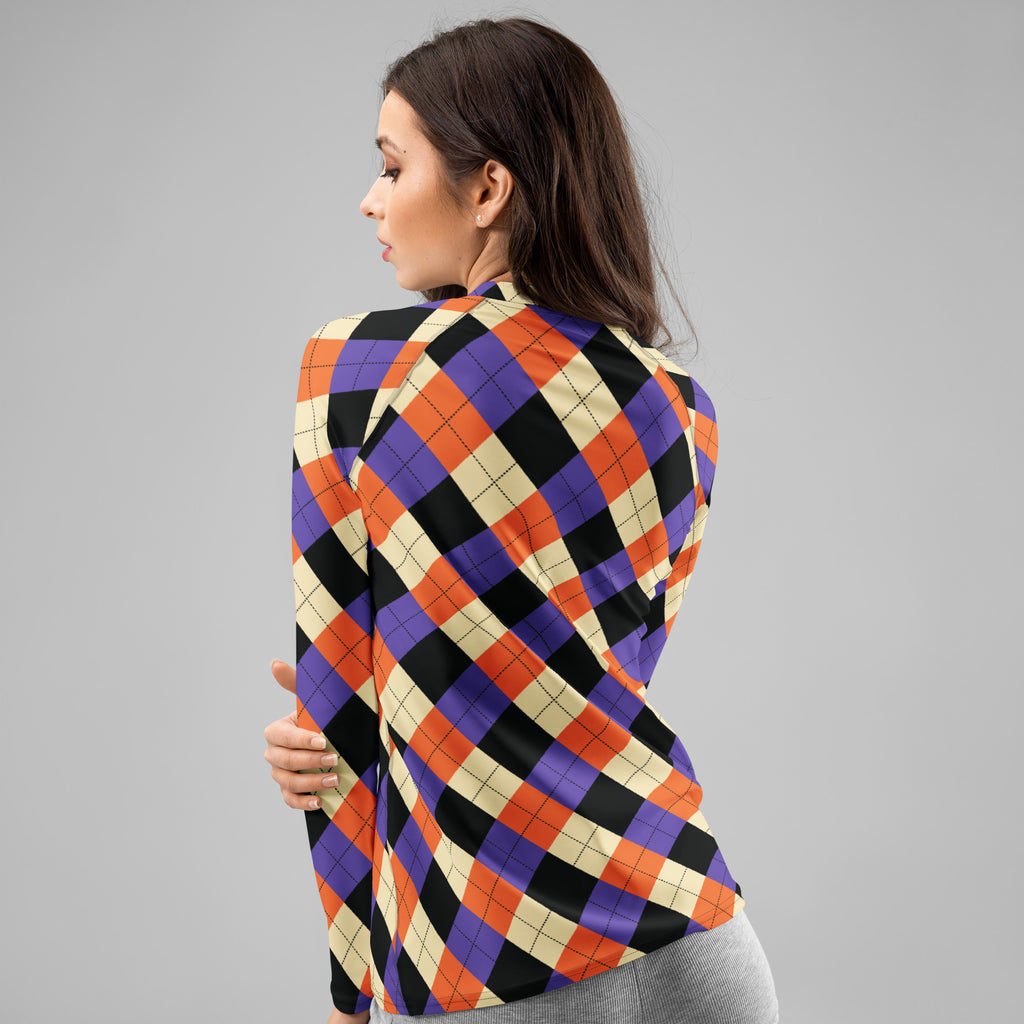 Women's Halloween Argyle Long Sleeve Rash Guard Swim Shirt – Buttery Soft, Sun Safe UPF 50+ Protection, Quick Dry & 4-Way Stretch Comfort