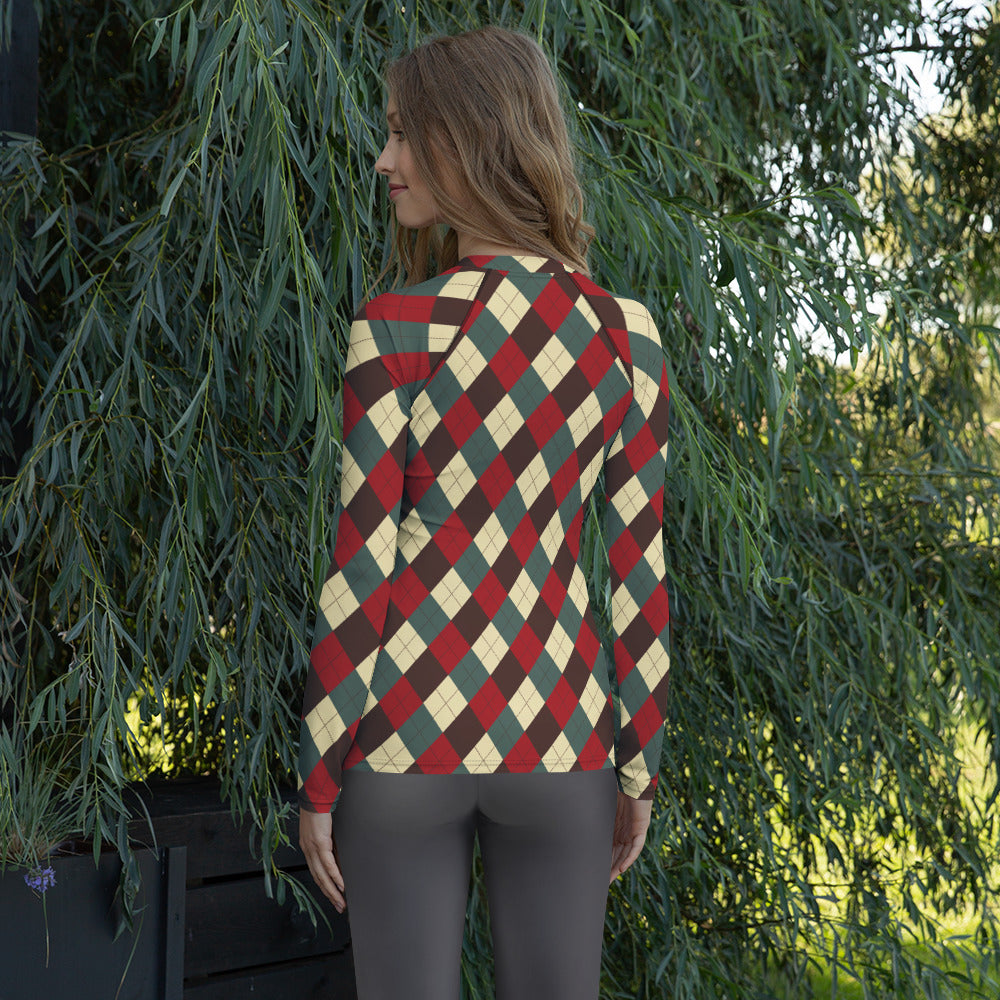 Women's Red Green Brown Christmas Argyle Long Sleeve Rash Guard Swim Shirt – Buttery Soft, Sun Safe UPF 50+ Protection, Quick Dry & 4-Way Stretch Comfort