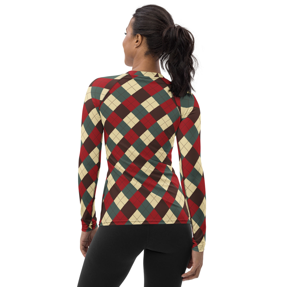 Women's Red Green Brown Christmas Argyle Long Sleeve Rash Guard Swim Shirt – Buttery Soft, Sun Safe UPF 50+ Protection, Quick Dry & 4-Way Stretch Comfort
