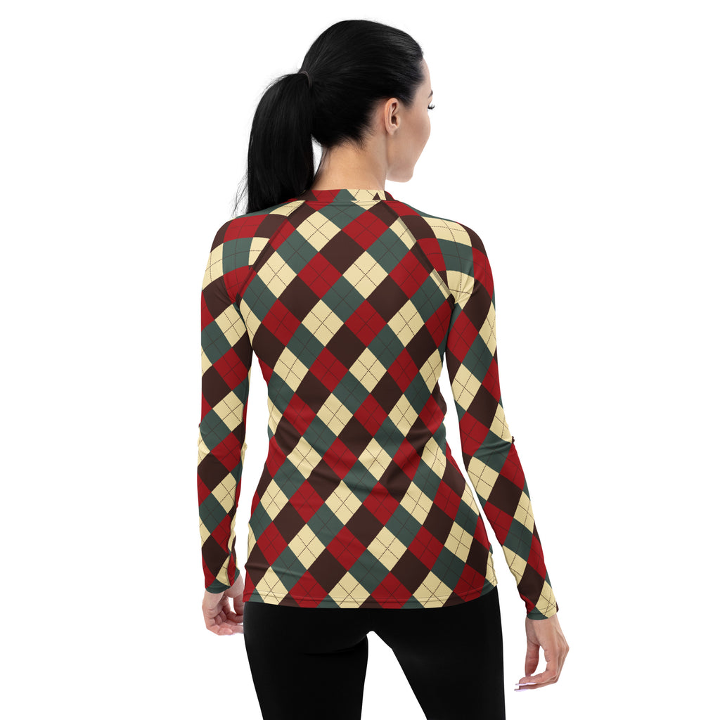 Women's Red Green Brown Christmas Argyle Long Sleeve Rash Guard Swim Shirt – Buttery Soft, Sun Safe UPF 50+ Protection, Quick Dry & 4-Way Stretch Comfort