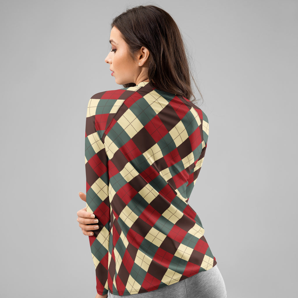 Women's Red Green Brown Christmas Argyle Long Sleeve Rash Guard Swim Shirt – Buttery Soft, Sun Safe UPF 50+ Protection, Quick Dry & 4-Way Stretch Comfort