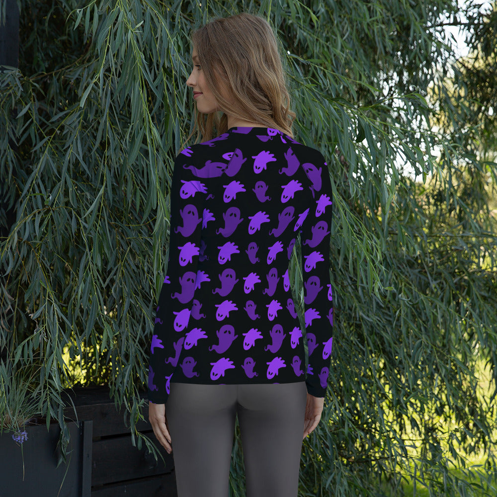 Women's Purple Ghost Halloween Long Sleeve Rash Guard Swim Shirt – Buttery Soft, Sun Safe UPF 50+ Protection, Quick Dry & 4-Way Stretch Comfort