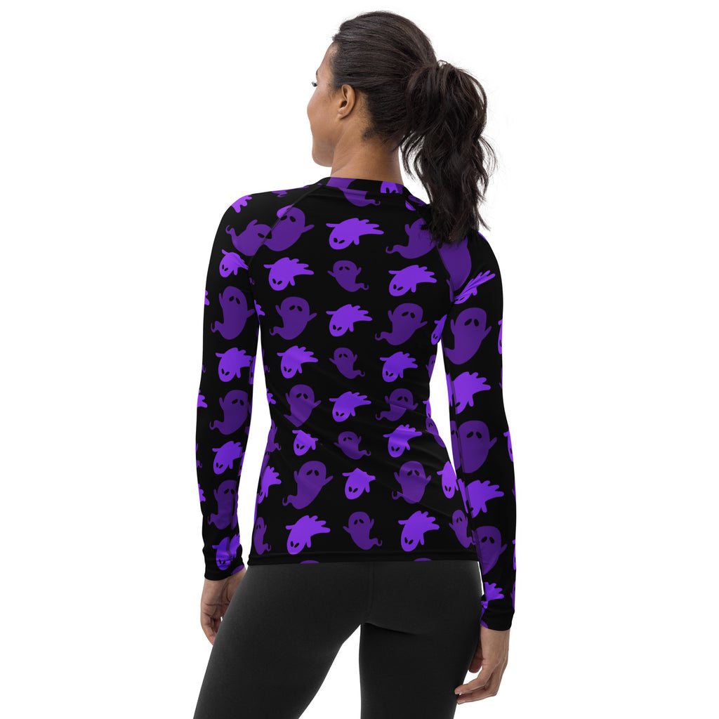 Women's Purple Ghost Halloween Long Sleeve Rash Guard Swim Shirt – Buttery Soft, Sun Safe UPF 50+ Protection, Quick Dry & 4-Way Stretch Comfort