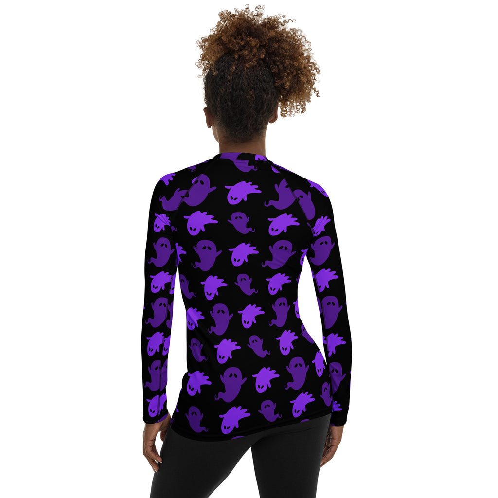 Women's Purple Ghost Halloween Long Sleeve Rash Guard Swim Shirt – Buttery Soft, Sun Safe UPF 50+ Protection, Quick Dry & 4-Way Stretch Comfort