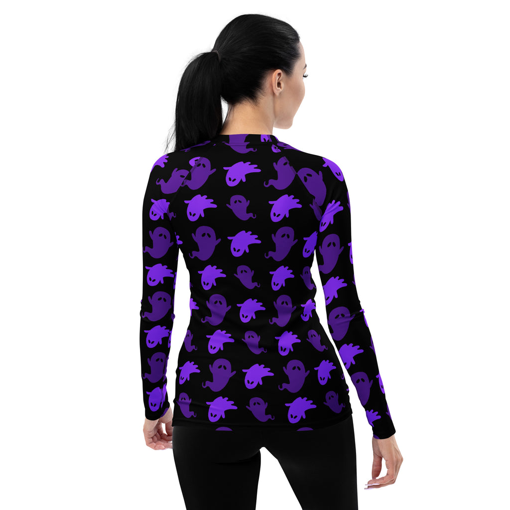 Women's Purple Ghost Halloween Long Sleeve Rash Guard Swim Shirt – Buttery Soft, Sun Safe UPF 50+ Protection, Quick Dry & 4-Way Stretch Comfort