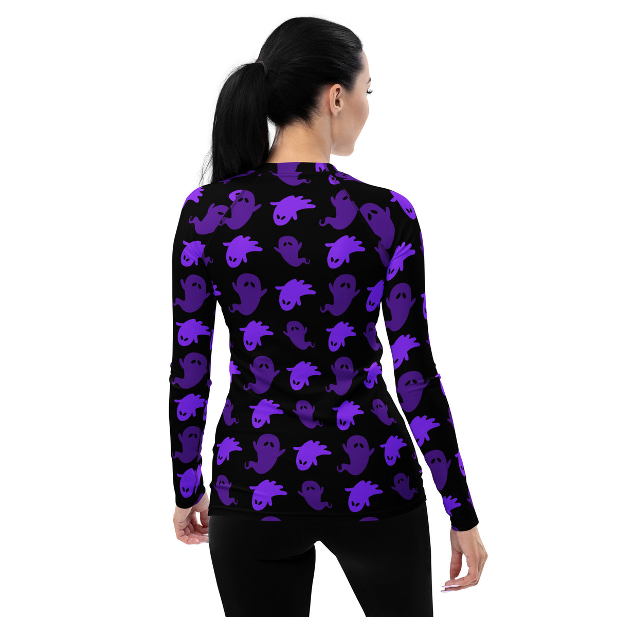 Women's Purple Ghost Halloween Long Sleeve Rash Guard Swim Shirt – Buttery Soft, Sun Safe UPF 50+ Protection, Quick Dry & 4-Way Stretch Comfort