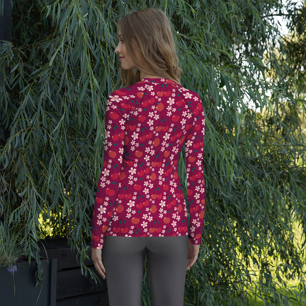 Women's Burgundy Cherry Floral Long Sleeve Rash Guard Swim Shirt – Buttery Soft, Sun Safe UPF 50+ Protection, Quick Dry & 4-Way Stretch Comfort