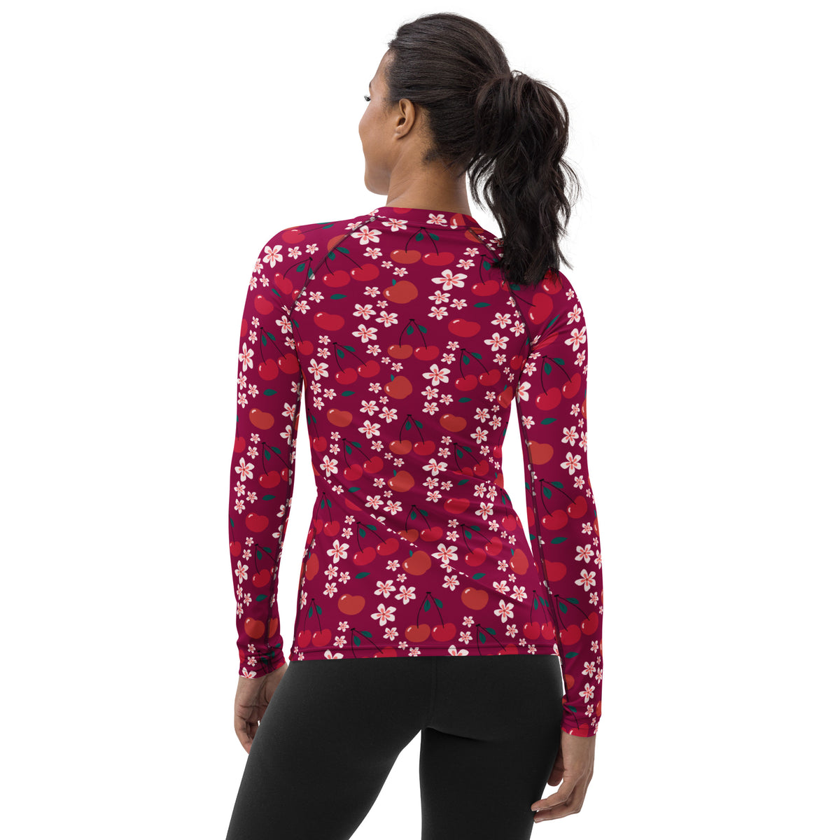 Women's Burgundy Cherry Floral Long Sleeve Rash Guard Swim Shirt – Buttery Soft, Sun Safe UPF 50+ Protection, Quick Dry & 4-Way Stretch Comfort