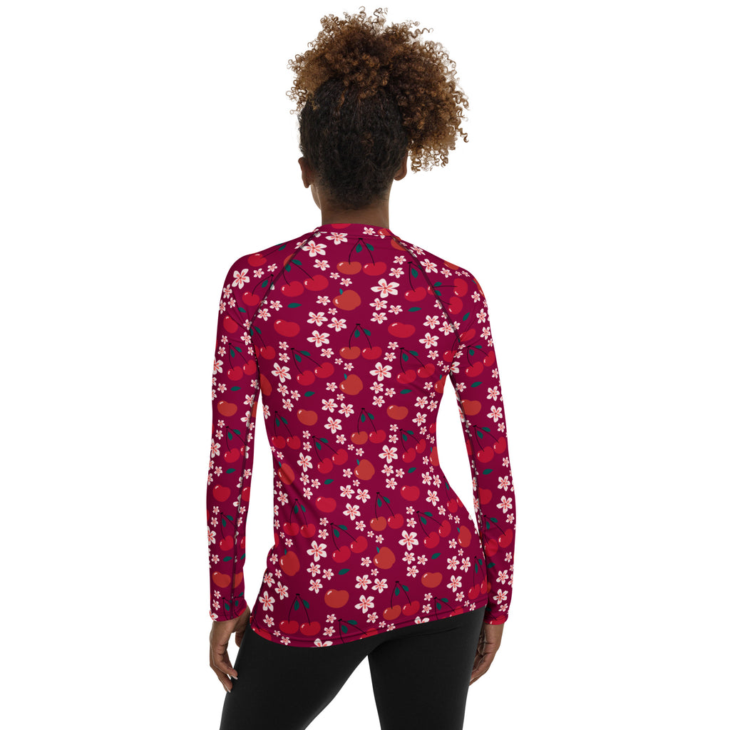 Women's Burgundy Cherry Floral Long Sleeve Rash Guard Swim Shirt – Buttery Soft, Sun Safe UPF 50+ Protection, Quick Dry & 4-Way Stretch Comfort