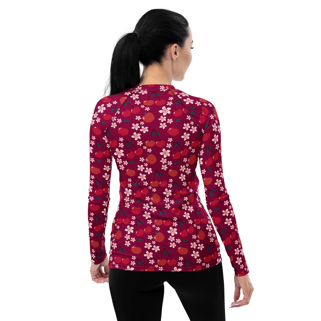 Women's Burgundy Cherry Floral Long Sleeve Rash Guard Swim Shirt – Buttery Soft, Sun Safe UPF 50+ Protection, Quick Dry & 4-Way Stretch Comfort