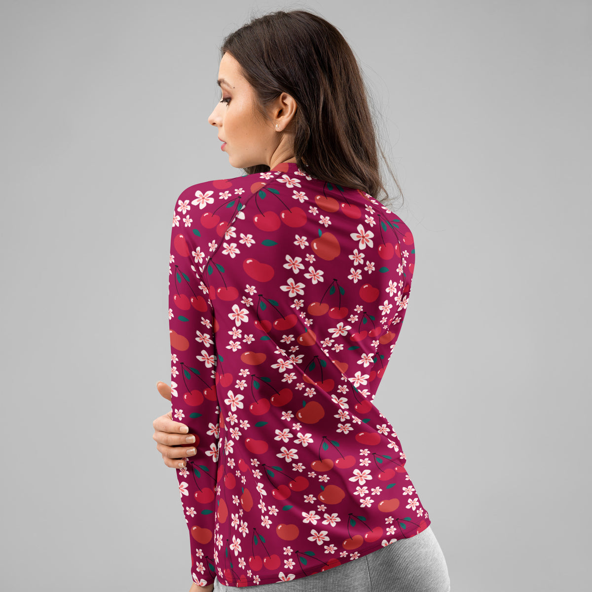 Women's Burgundy Cherry Floral Long Sleeve Rash Guard Swim Shirt – Buttery Soft, Sun Safe UPF 50+ Protection, Quick Dry & 4-Way Stretch Comfort