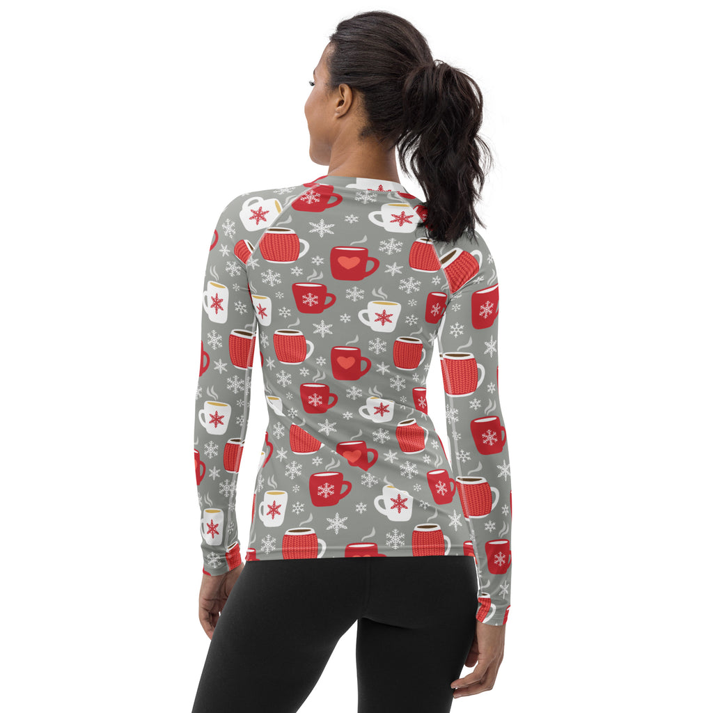 Women's Christmas Coffee Long Sleeve Rash Guard Swim Shirt – Buttery Soft, Sun Safe UPF 50+ Protection, Quick Dry & 4-Way Stretch Comfort