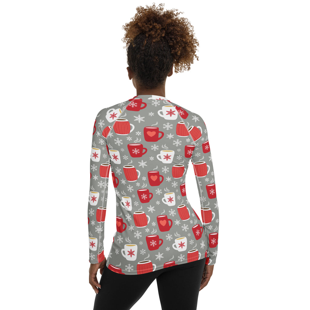 Women's Christmas Coffee Long Sleeve Rash Guard Swim Shirt – Buttery Soft, Sun Safe UPF 50+ Protection, Quick Dry & 4-Way Stretch Comfort