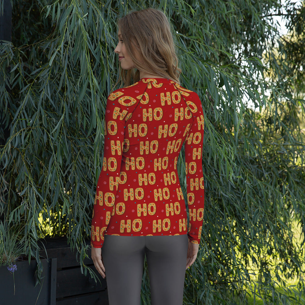 Women's Gingerbread Ho Ho Ho Christmas Long Sleeve Rash Guard Swim Shirt – Buttery Soft, Sun Safe UPF 50+ Protection, Quick Dry & 4-Way Stretch Comfort