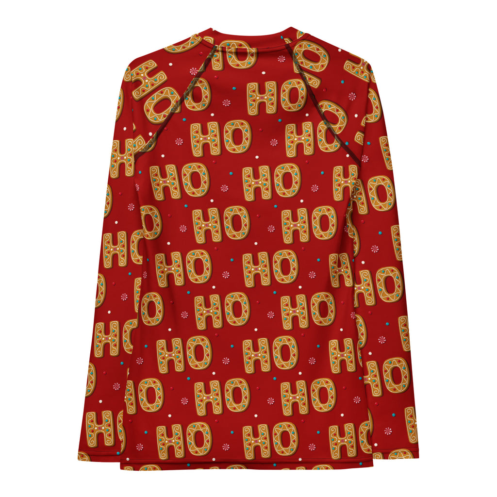Women's Gingerbread Ho Ho Ho Christmas Long Sleeve Rash Guard Swim Shirt – Buttery Soft, Sun Safe UPF 50+ Protection, Quick Dry & 4-Way Stretch Comfort