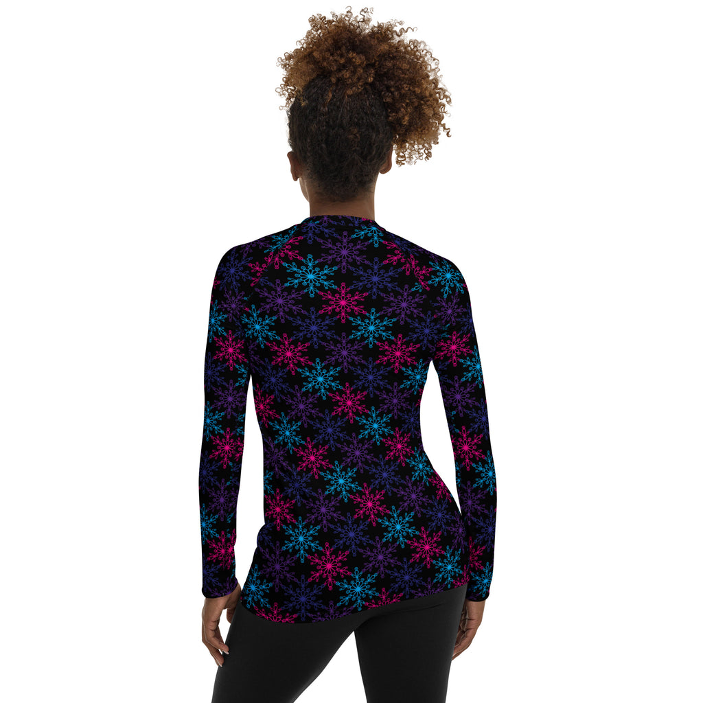 Women's Neon Snowflake Long Sleeve Rash Guard Swim Shirt – Buttery Soft, Sun Safe UPF 50+ Protection, Quick Dry & 4-Way Stretch Comfort