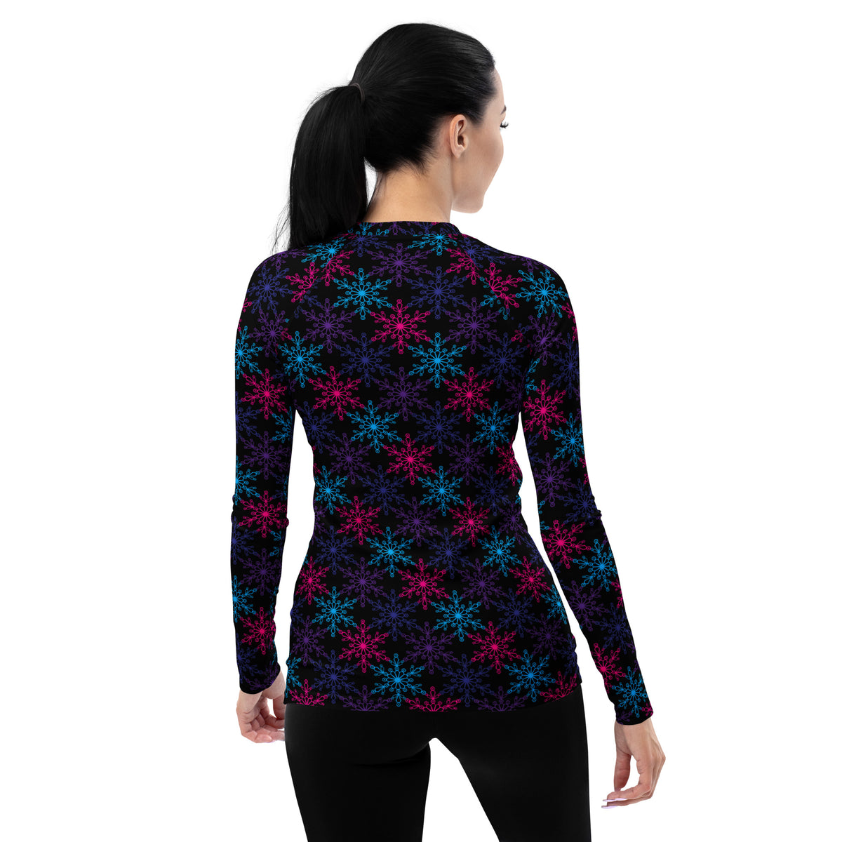 Women's Neon Snowflake Long Sleeve Rash Guard Swim Shirt – Buttery Soft, Sun Safe UPF 50+ Protection, Quick Dry & 4-Way Stretch Comfort