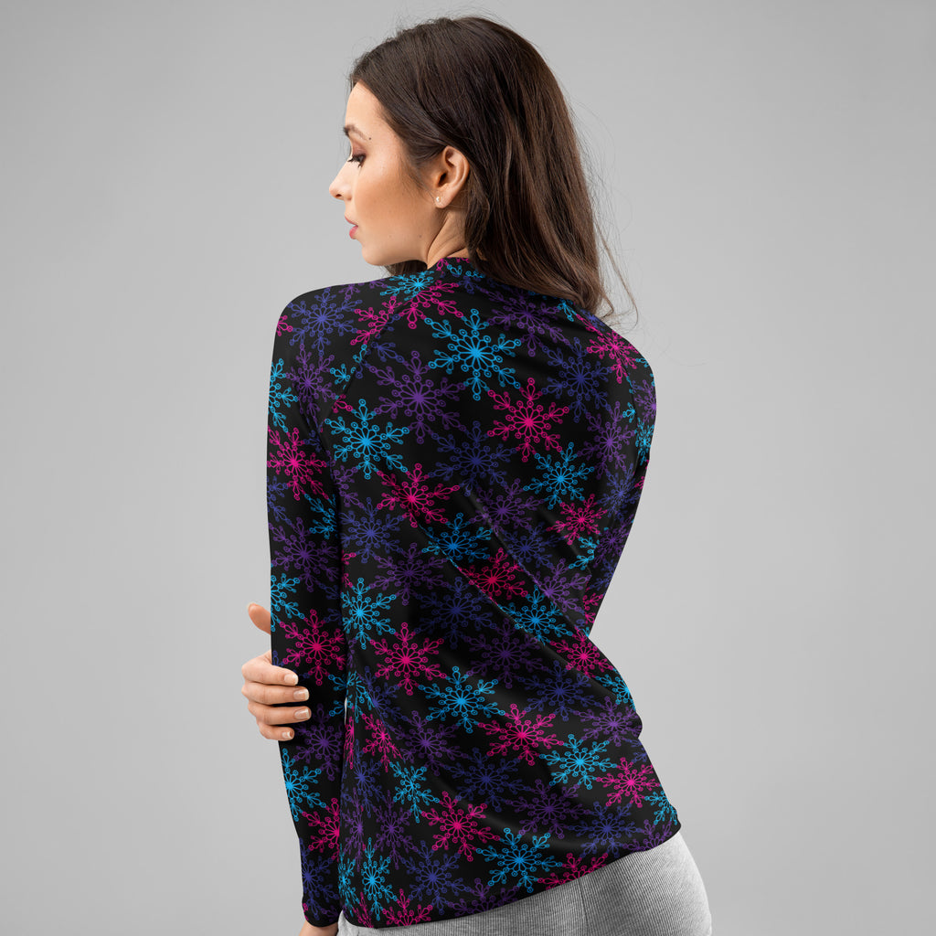 Women's Neon Snowflake Long Sleeve Rash Guard Swim Shirt – Buttery Soft, Sun Safe UPF 50+ Protection, Quick Dry & 4-Way Stretch Comfort