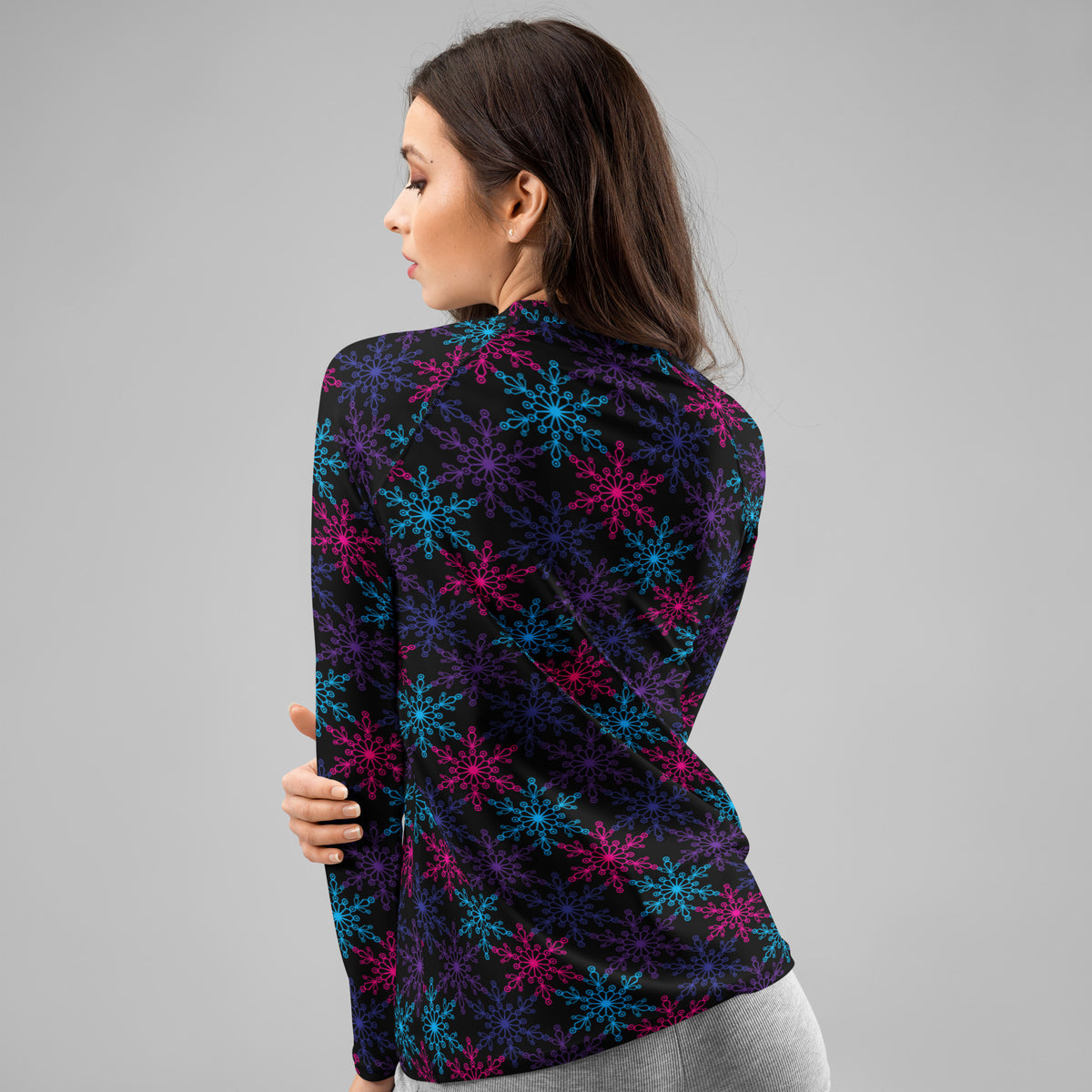 Women's Neon Snowflake Long Sleeve Rash Guard Swim Shirt – Buttery Soft, Sun Safe UPF 50+ Protection, Quick Dry & 4-Way Stretch Comfort