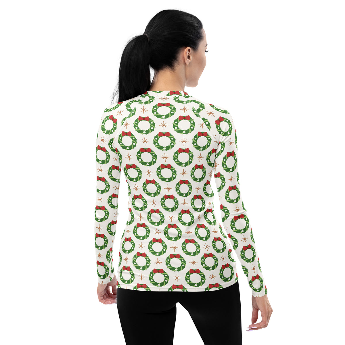 Women's Christmas Wreath Long Sleeve Rash Guard Swim Shirt – Buttery Soft, Sun Safe UPF 50+ Protection, Quick Dry & 4-Way Stretch Comfort