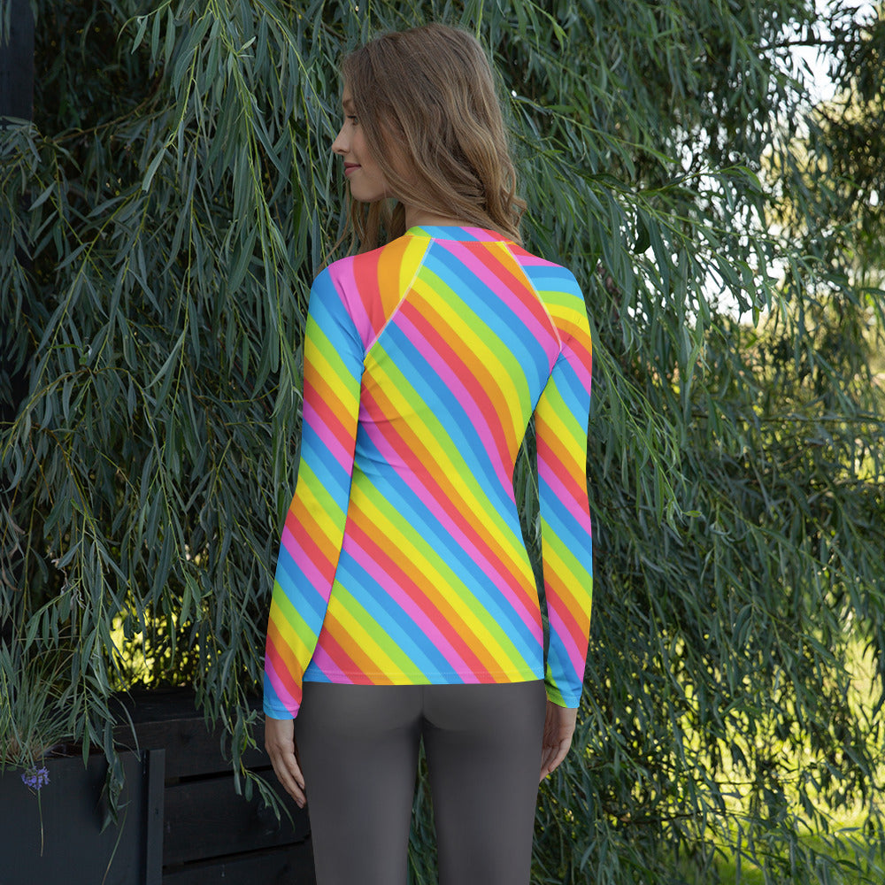 Women's Rainbow Stripe Long Sleeve Rash Guard Swim Shirt – Buttery Soft, Sun Safe UPF 50+ Protection, Quick Dry & 4-Way Stretch Comfort