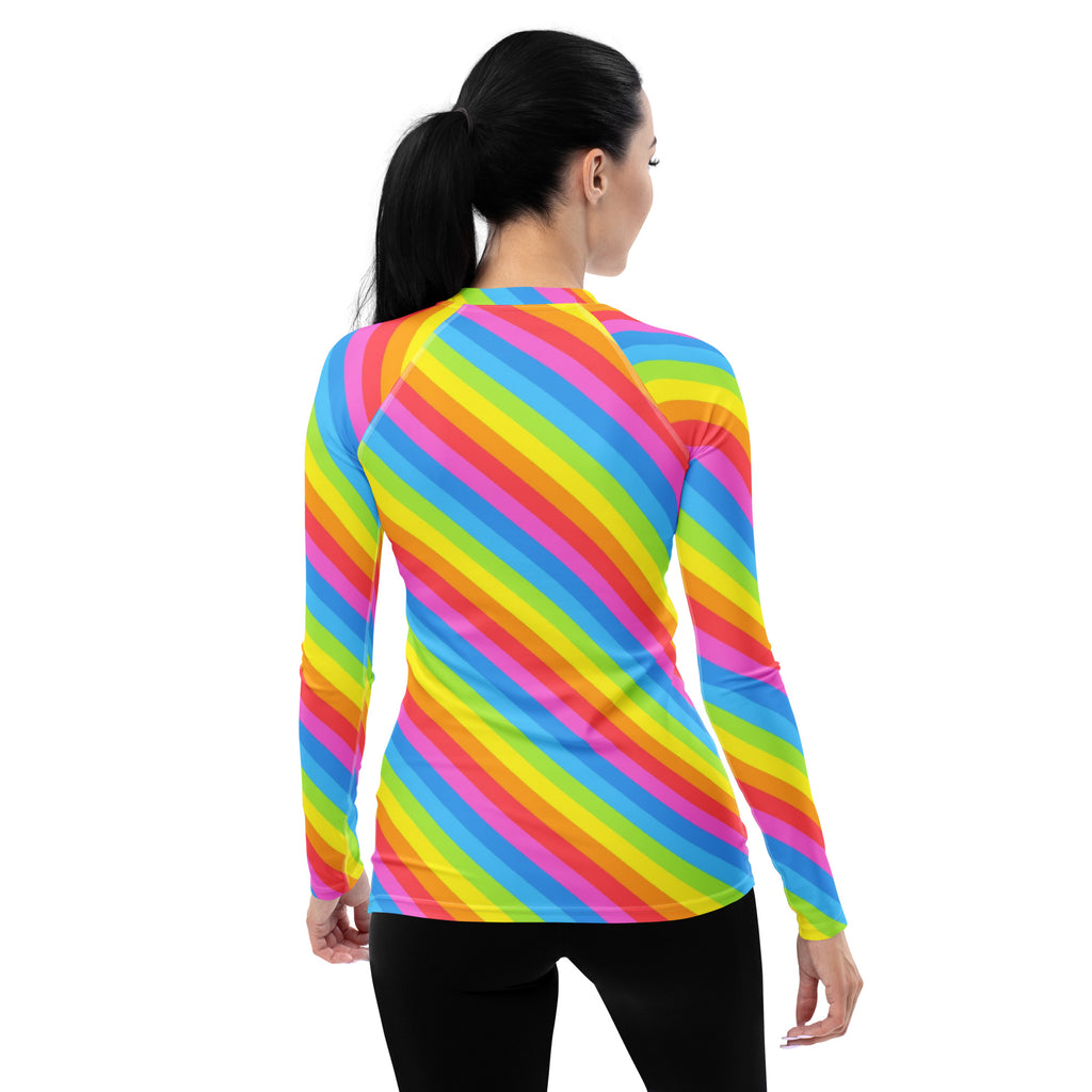 Women's Rainbow Stripe Long Sleeve Rash Guard Swim Shirt – Buttery Soft, Sun Safe UPF 50+ Protection, Quick Dry & 4-Way Stretch Comfort