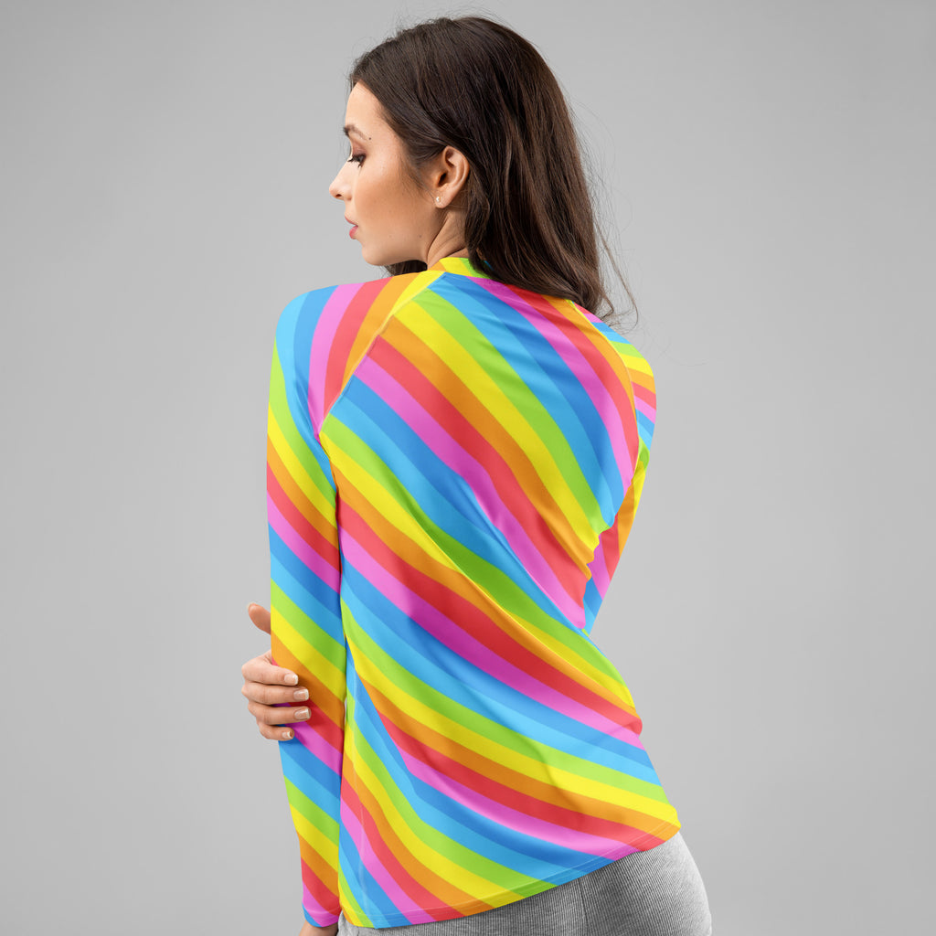 Women's Rainbow Stripe Long Sleeve Rash Guard Swim Shirt – Buttery Soft, Sun Safe UPF 50+ Protection, Quick Dry & 4-Way Stretch Comfort