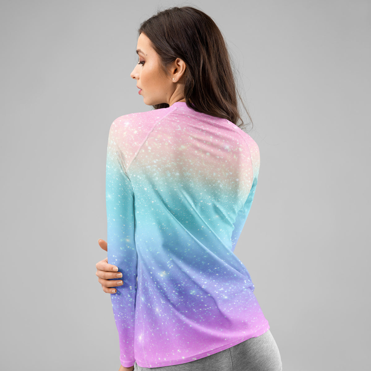 Women's Faux Sparkle Effect Long Sleeve Rash Guard Swim Shirt – Buttery Soft, Sun Safe UPF 50+ Protection, Quick Dry & 4-Way Stretch Comfort