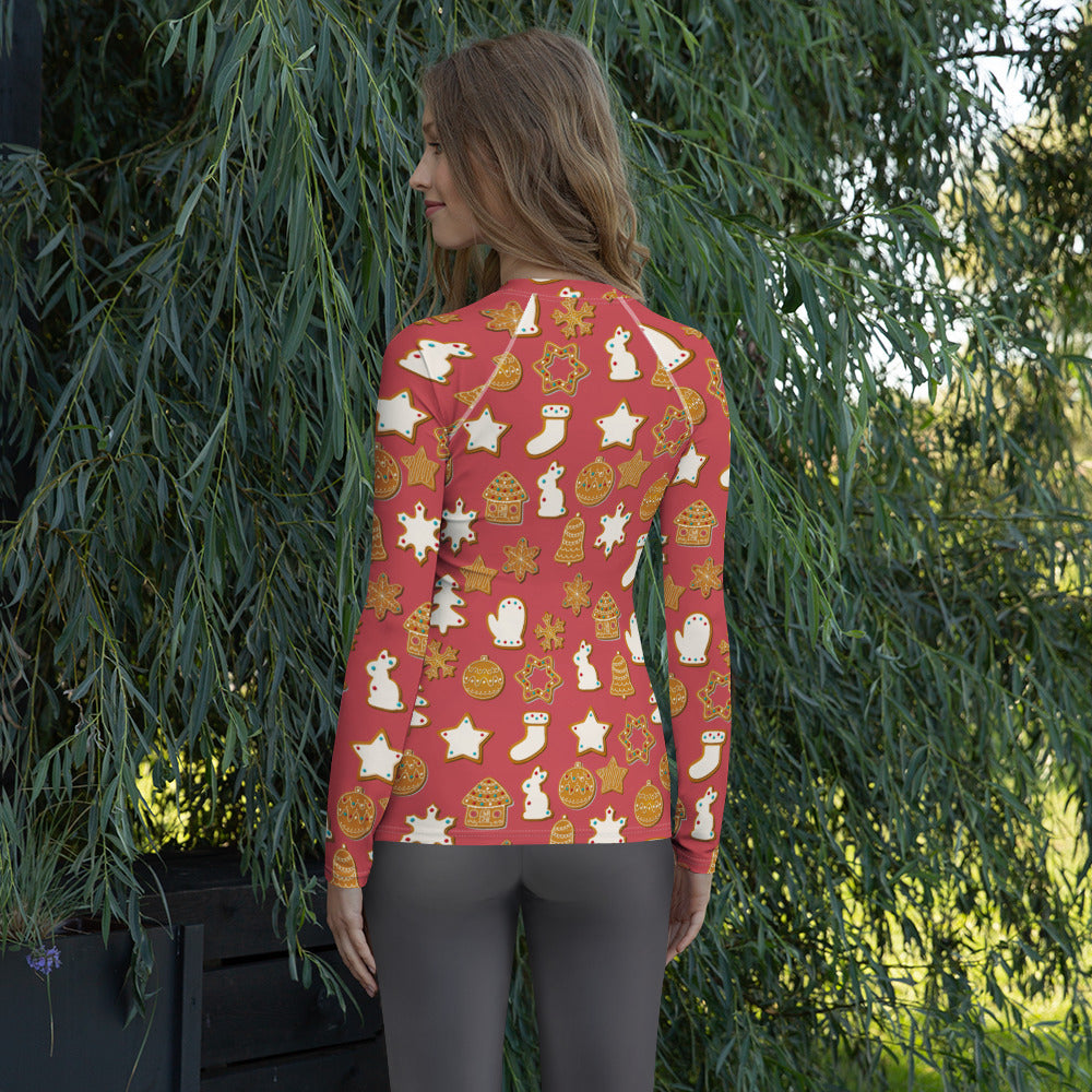 Women's Red Christmas Cookie Long Sleeve Rash Guard Swim Shirt – Buttery Soft, Sun Safe UPF 50+ Protection, Quick Dry & 4-Way Stretch Comfort