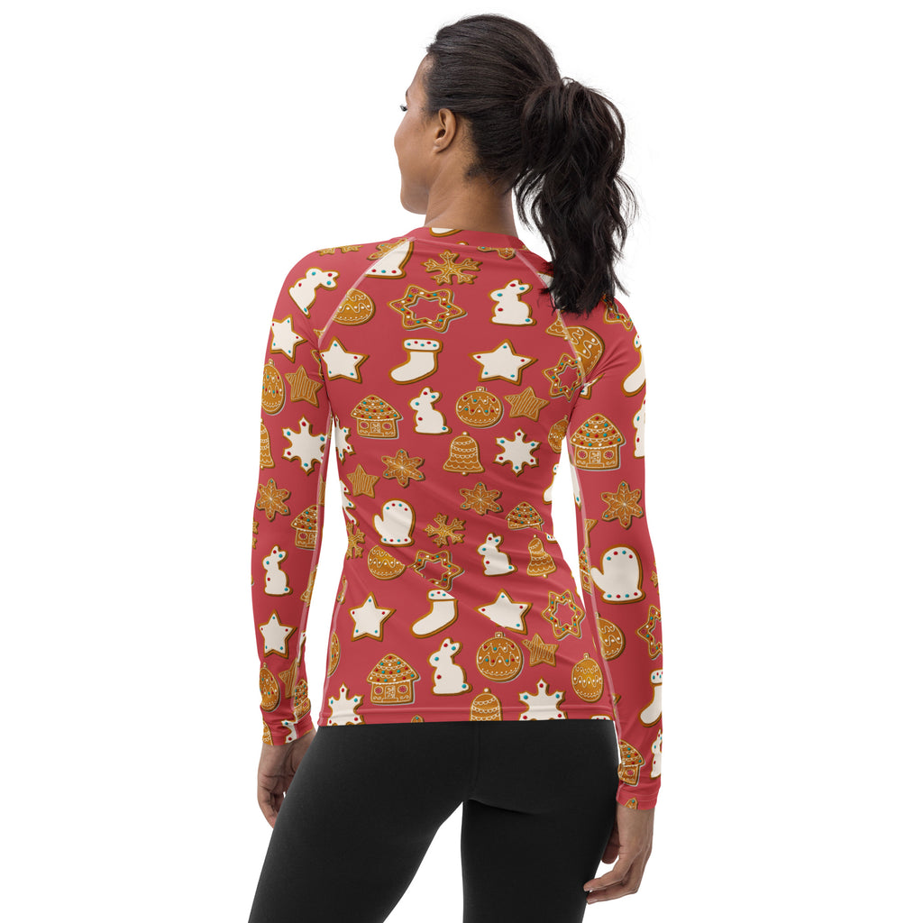 Women's Red Christmas Cookie Long Sleeve Rash Guard Swim Shirt – Buttery Soft, Sun Safe UPF 50+ Protection, Quick Dry & 4-Way Stretch Comfort