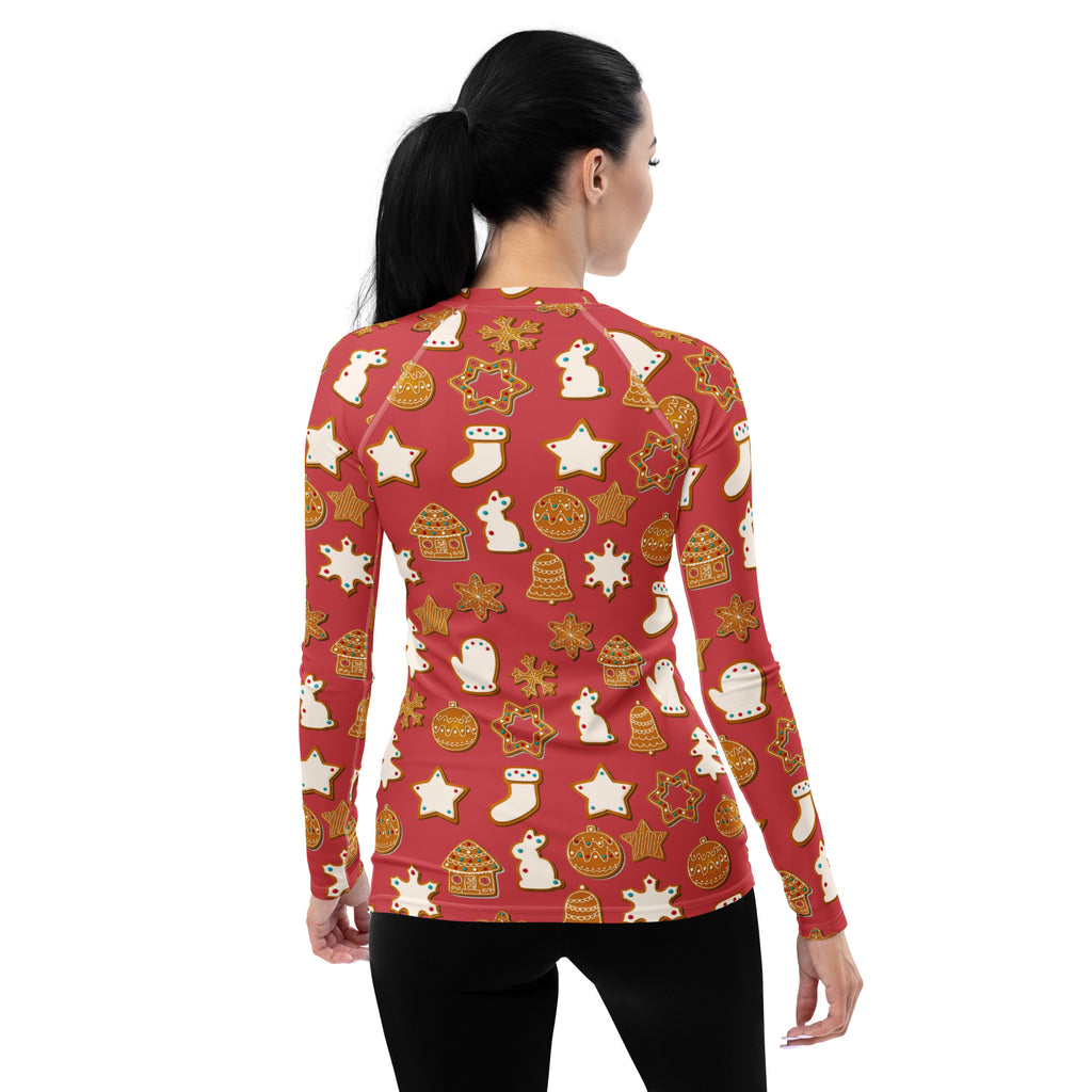 Women's Red Christmas Cookie Long Sleeve Rash Guard Swim Shirt – Buttery Soft, Sun Safe UPF 50+ Protection, Quick Dry & 4-Way Stretch Comfort