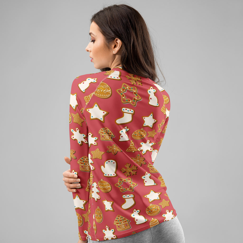 Women's Red Christmas Cookie Long Sleeve Rash Guard Swim Shirt – Buttery Soft, Sun Safe UPF 50+ Protection, Quick Dry & 4-Way Stretch Comfort