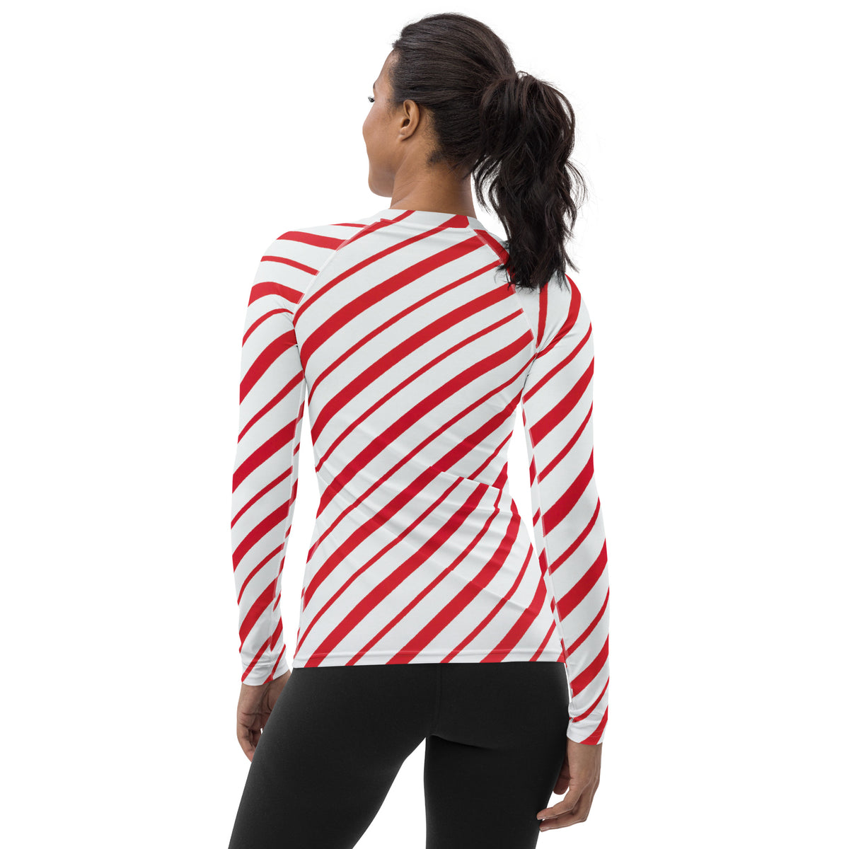 Women's Red Candy Cane Stripe Long Sleeve Rash Guard Swim Shirt – Buttery Soft, Sun Safe UPF 50+ Protection, Quick Dry & 4-Way Stretch Comfort