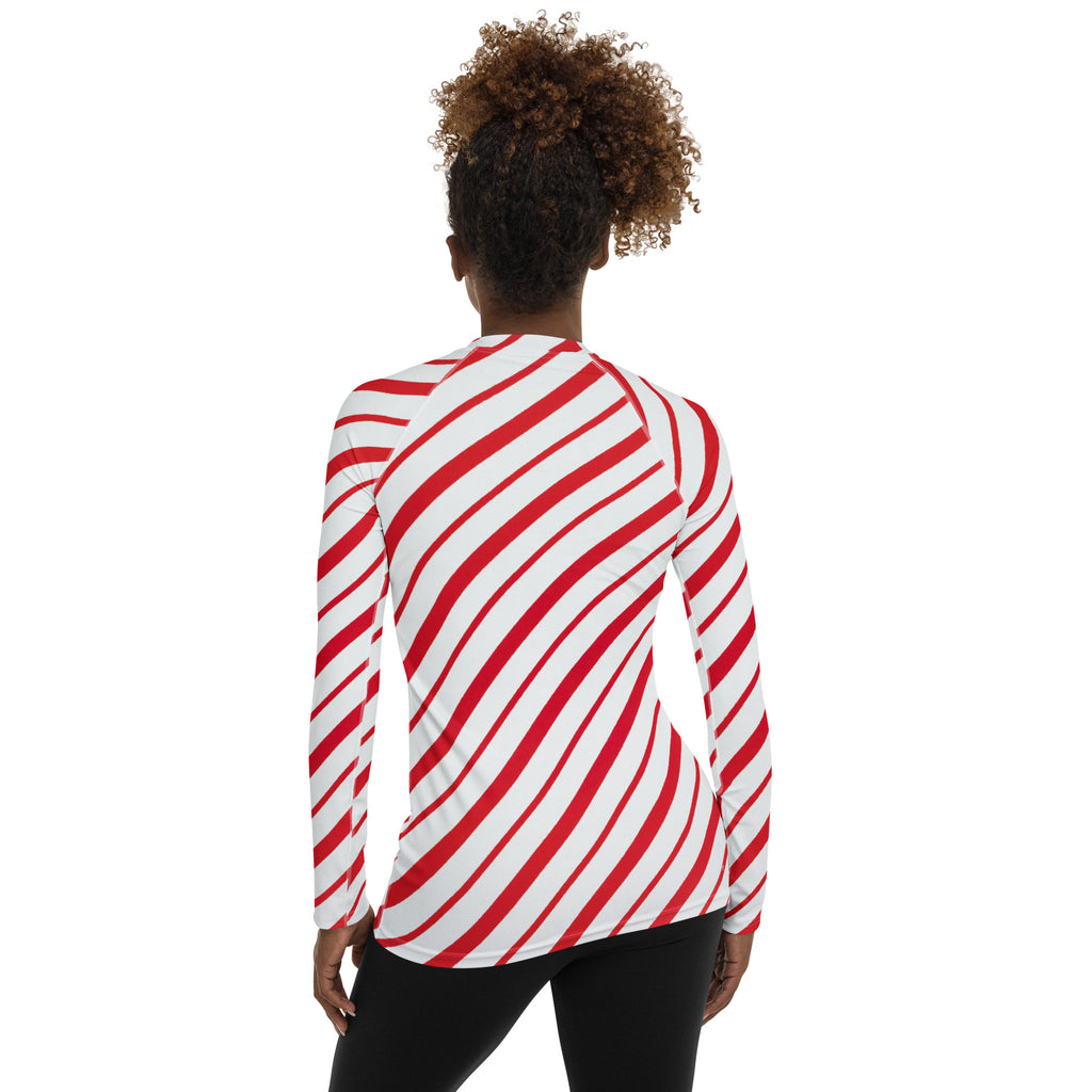 Women's Red Candy Cane Stripe Long Sleeve Rash Guard Swim Shirt – Buttery Soft, Sun Safe UPF 50+ Protection, Quick Dry & 4-Way Stretch Comfort