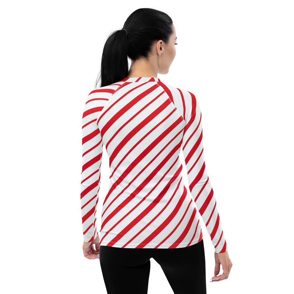 Women's Red Candy Cane Stripe Long Sleeve Rash Guard Swim Shirt – Buttery Soft, Sun Safe UPF 50+ Protection, Quick Dry & 4-Way Stretch Comfort