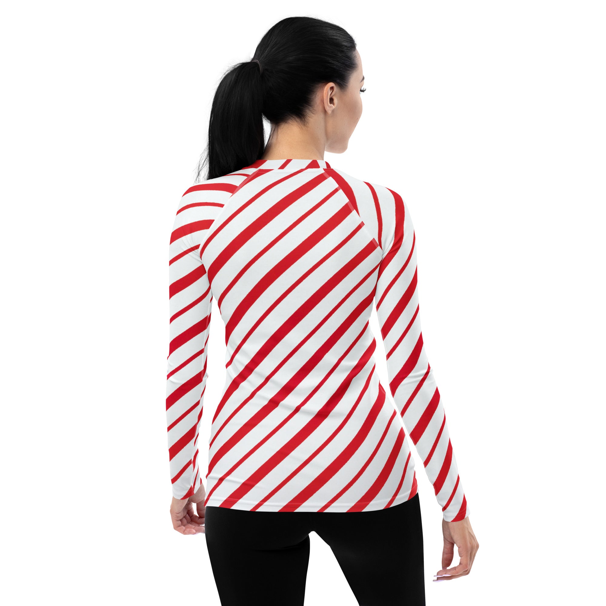 Women's Red Candy Cane Stripe Long Sleeve Rash Guard Swim Shirt – Buttery Soft, Sun Safe UPF 50+ Protection, Quick Dry & 4-Way Stretch Comfort