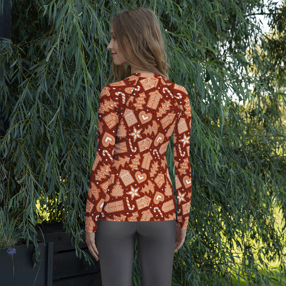 Women's Red Gingerbread Cookie Long Sleeve Rash Guard Swim Shirt – Buttery Soft, Sun Safe UPF 50+ Protection, Quick Dry & 4-Way Stretch Comfort