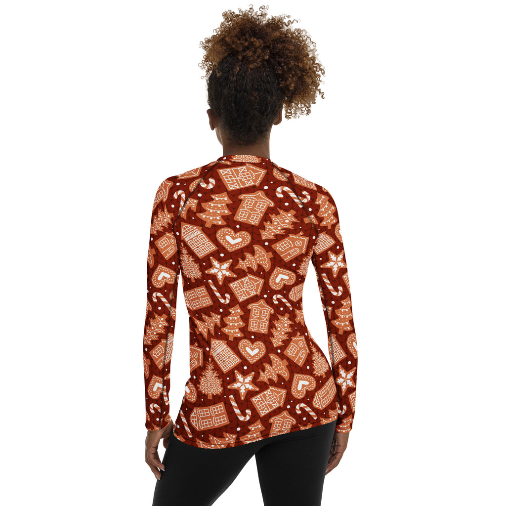 Women's Red Gingerbread Cookie Long Sleeve Rash Guard Swim Shirt – Buttery Soft, Sun Safe UPF 50+ Protection, Quick Dry & 4-Way Stretch Comfort