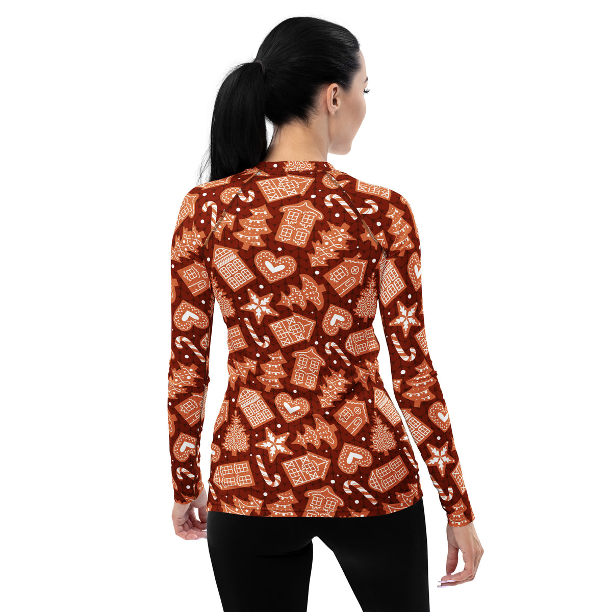 Women's Red Gingerbread Cookie Long Sleeve Rash Guard Swim Shirt – Buttery Soft, Sun Safe UPF 50+ Protection, Quick Dry & 4-Way Stretch Comfort