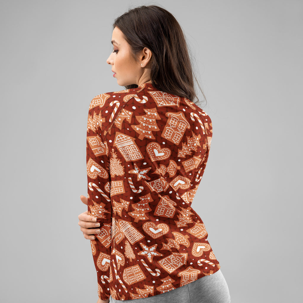 Women's Red Gingerbread Cookie Long Sleeve Rash Guard Swim Shirt – Buttery Soft, Sun Safe UPF 50+ Protection, Quick Dry & 4-Way Stretch Comfort