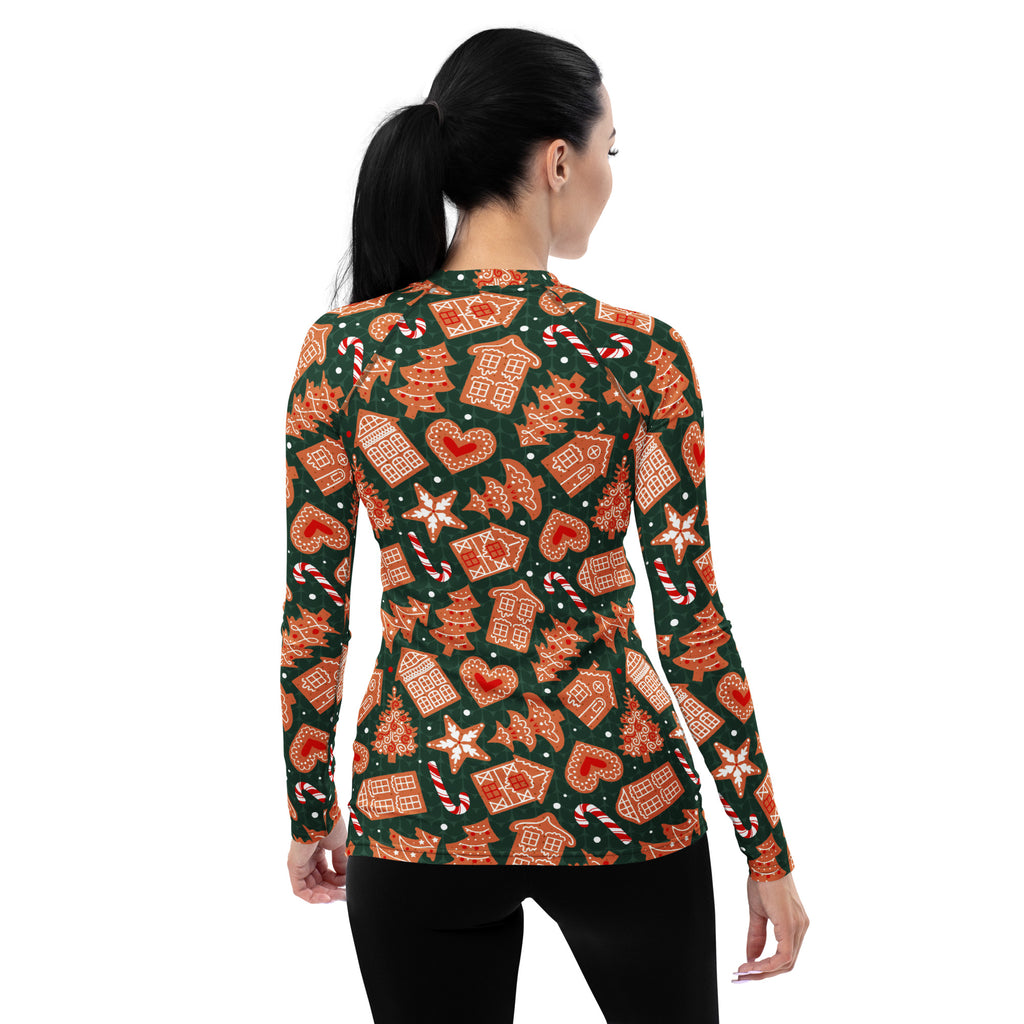 Women's Green Gingerbread Cookie Long Sleeve Rash Guard Swim Shirt – Buttery Soft, Sun Safe UPF 50+ Protection, Quick Dry & 4-Way Stretch Comfort
