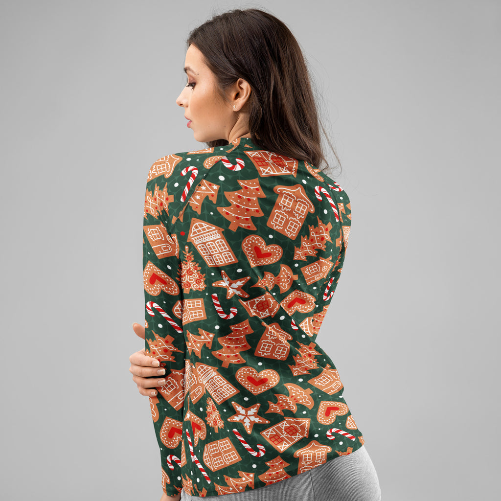 Women's Green Gingerbread Cookie Long Sleeve Rash Guard Swim Shirt – Buttery Soft, Sun Safe UPF 50+ Protection, Quick Dry & 4-Way Stretch Comfort