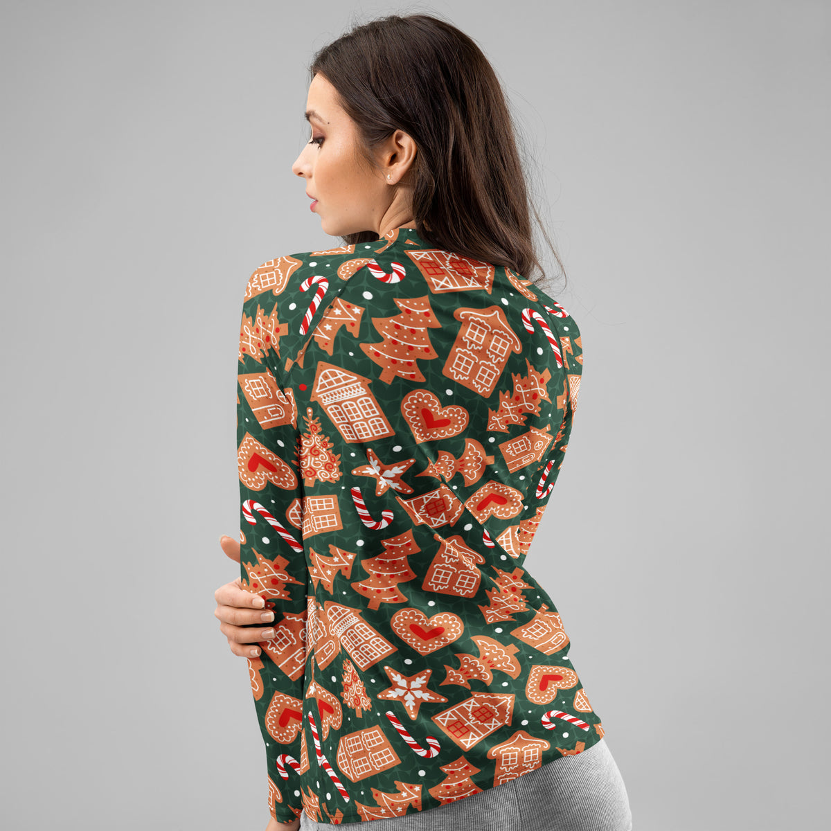 Women's Green Gingerbread Cookie Long Sleeve Rash Guard Swim Shirt – Buttery Soft, Sun Safe UPF 50+ Protection, Quick Dry & 4-Way Stretch Comfort