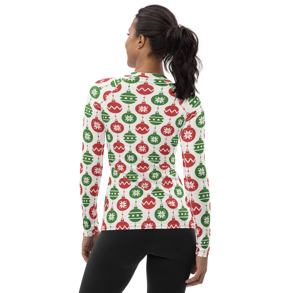 Women's Christmas Ornament Long Sleeve Rash Guard Swim Shirt – Buttery Soft, Sun Safe UPF 50+ Protection, Quick Dry & 4-Way Stretch Comfort