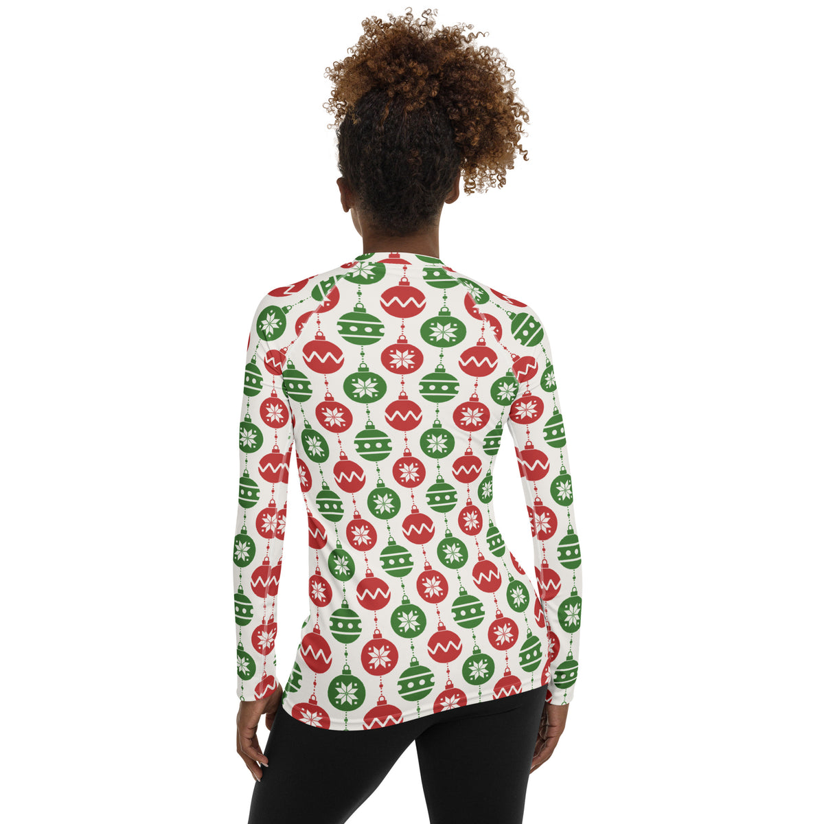 Women's Christmas Ornament Long Sleeve Rash Guard Swim Shirt – Buttery Soft, Sun Safe UPF 50+ Protection, Quick Dry & 4-Way Stretch Comfort